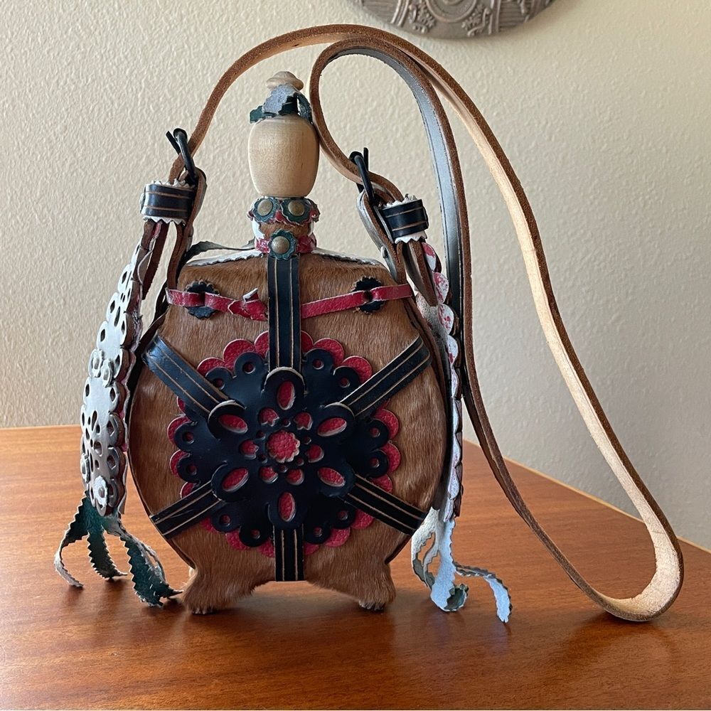 Vintage Hungarian Folk Art Wooden Horsehair Covered Canteen Flask Leather Strap